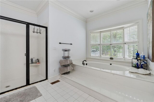 34 Johnston Row NW, Cartersville, GA 30121 - full bathroom with a stall shower, a garden tub, ornamental molding, and tile patterned flooring