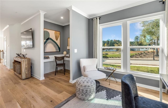 1105 Rivard Cir NW, Atlanta, GA 30318 - living area with light wood finished floors, crown molding, and baseboards