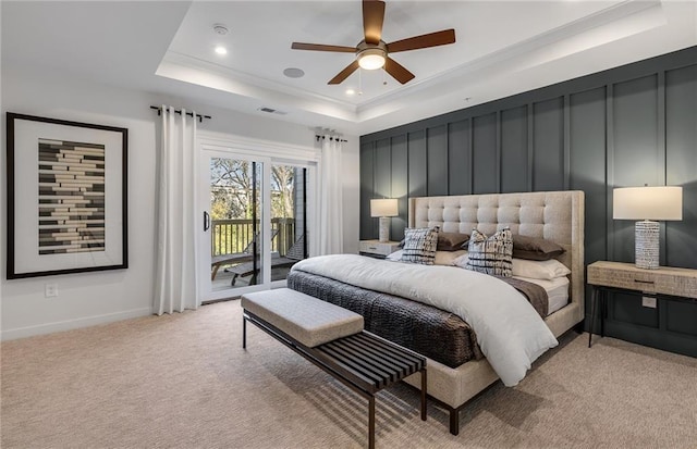 1105 Rivard Cir NW, Atlanta, GA 30318 - bedroom featuring a raised ceiling, access to outside, light carpet, baseboards, and recessed lighting