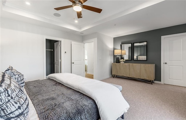 1105 Rivard Cir NW, Atlanta, GA 30318 - bedroom featuring recessed lighting, baseboards, light carpet, a tray ceiling, and a ceiling fan