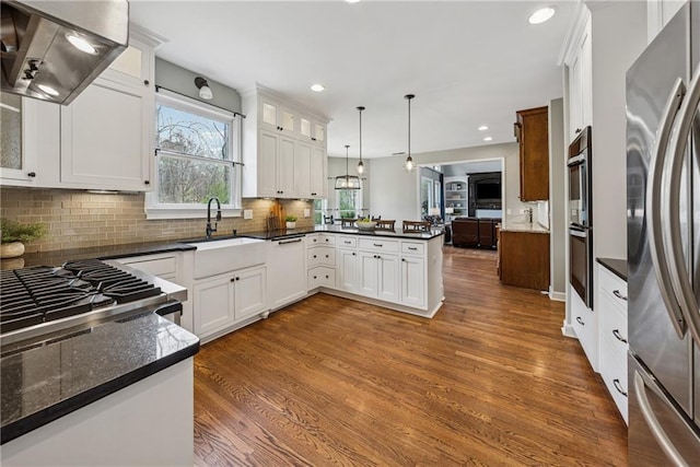 kitchen featuring stainless steel appliances, ventilation hood, a peninsula, and dark wood finished floors