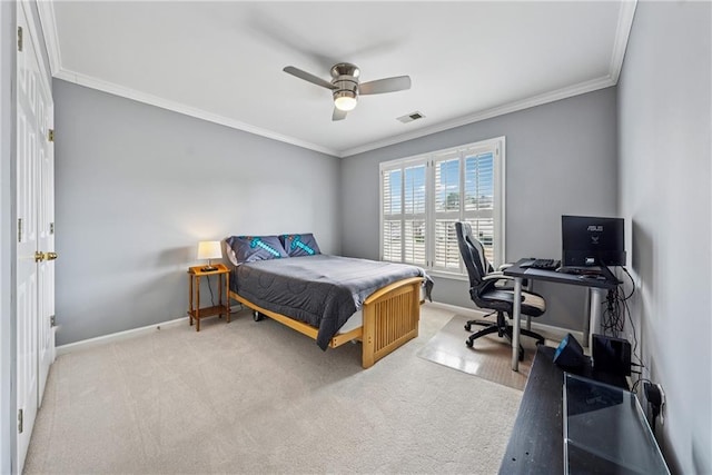 bedroom with baseboards, visible vents, and crown molding