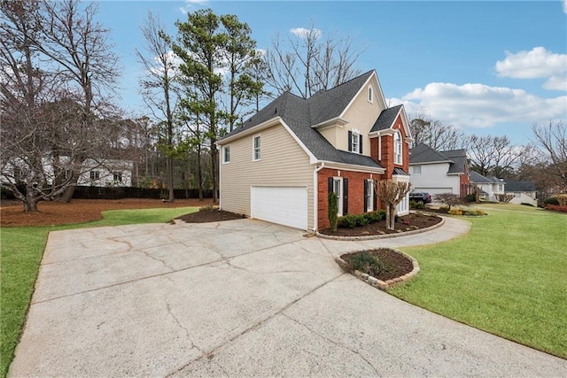 view of property exterior with driveway, an attached garage, a lawn, and brick siding