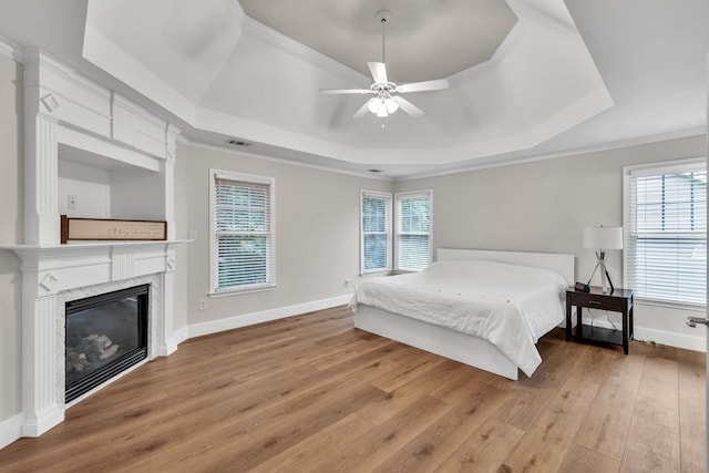 1547 Trilogy Park, Hoschton, GA 30548 - bedroom with a tray ceiling, light wood-type flooring, a high end fireplace, baseboards, and ornamental molding