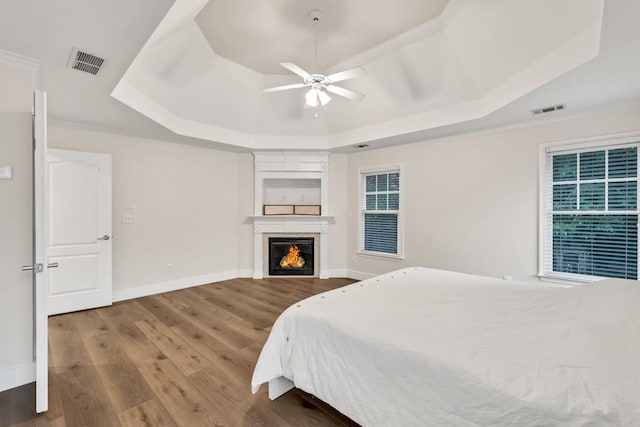 1547 Trilogy Park, Hoschton, GA 30548 - bedroom with a tray ceiling, wood finished floors, baseboards, a glass covered fireplace, and crown molding