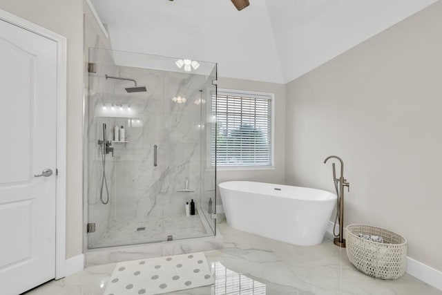 1547 Trilogy Park, Hoschton, GA 30548 - full bath with marble tiled floors, a marble finish shower, a freestanding bath, baseboards, and vaulted ceiling
