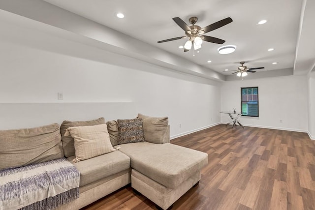 1547 Trilogy Park, Hoschton, GA 30548 - living room featuring dark wood-style flooring, ceiling fan, recessed lighting, and baseboards