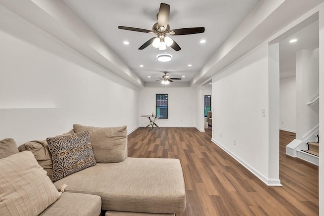 1547 Trilogy Park, Hoschton, GA 30548 - living room with stairs, recessed lighting, wood finished floors, ceiling fan, and baseboards