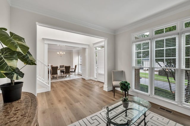 1547 Trilogy Park, Hoschton, GA 30548 - living room with crown molding, plenty of natural light, a chandelier, and light wood-style floors