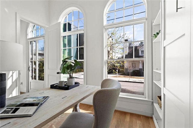 office with plenty of natural light and light hardwood / wood-style flooring