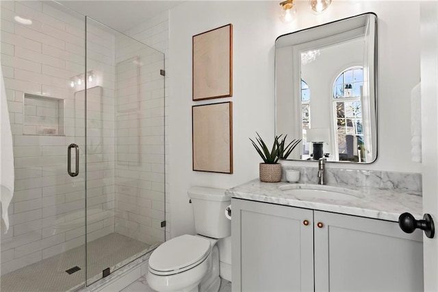 bathroom with vanity, toilet, and a shower with shower door