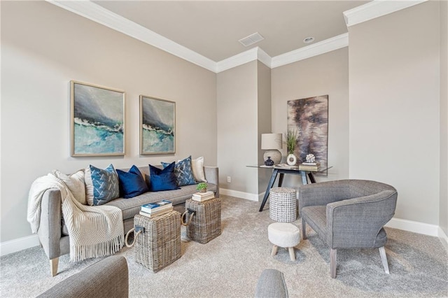 carpeted living area with crown molding, visible vents, and baseboards