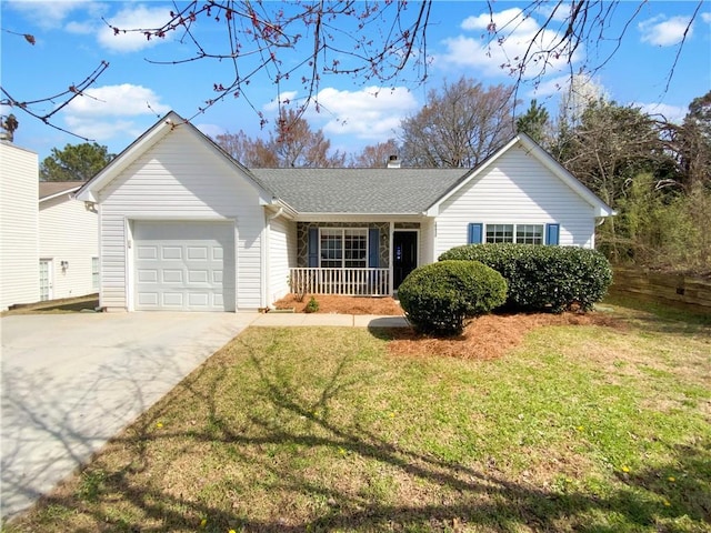 single story home featuring a shingled roof, concrete driveway, a front yard, an attached garage, and a chimney