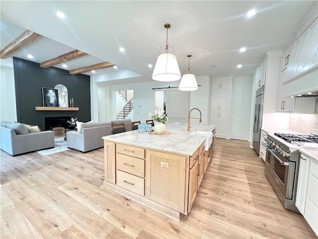 356 Henry Scott Rd, Ball Ground, GA 30107 - kitchen featuring high end appliances, a sink, light wood-style flooring, open floor plan, and recessed lighting