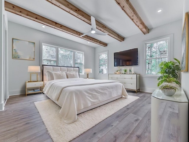 356 Henry Scott Rd, Ball Ground, GA 30107 - bedroom with multiple windows, baseboards, recessed lighting, beam ceiling, and light wood-type flooring