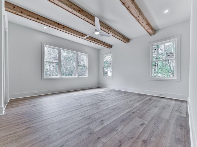 356 Henry Scott Rd, Ball Ground, GA 30107 - empty room with plenty of natural light, beamed ceiling, a ceiling fan, wood finished floors, and recessed lighting