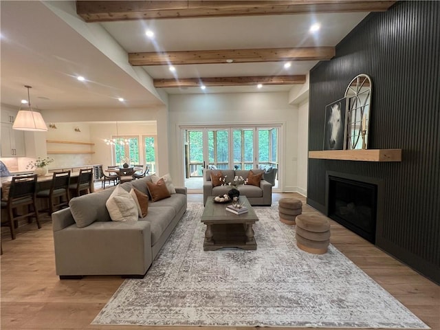 356 Henry Scott Rd, Ball Ground, GA 30107 - living room featuring light wood finished floors, recessed lighting, beamed ceiling, and a large fireplace