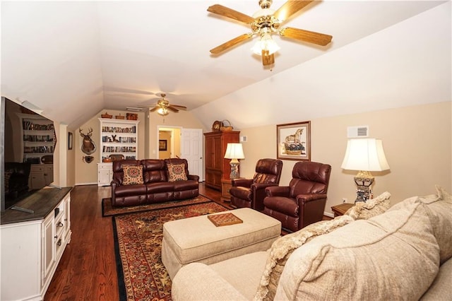 living room with ceiling fan, dark wood-type flooring, and lofted ceiling