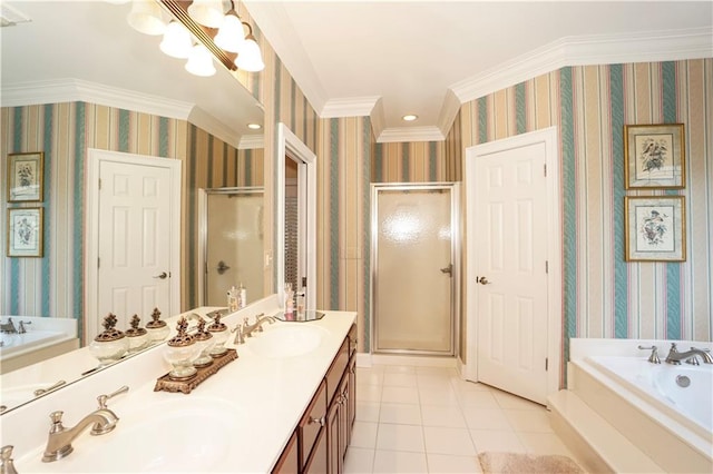 bathroom featuring plus walk in shower, vanity, tile patterned floors, and ornamental molding