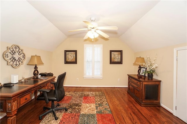 office area featuring vaulted ceiling, ceiling fan, and dark wood-type flooring