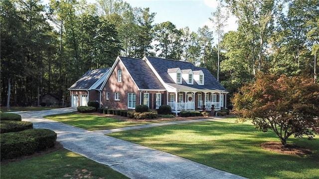 cape cod home with a garage, covered porch, an outdoor structure, and a front lawn