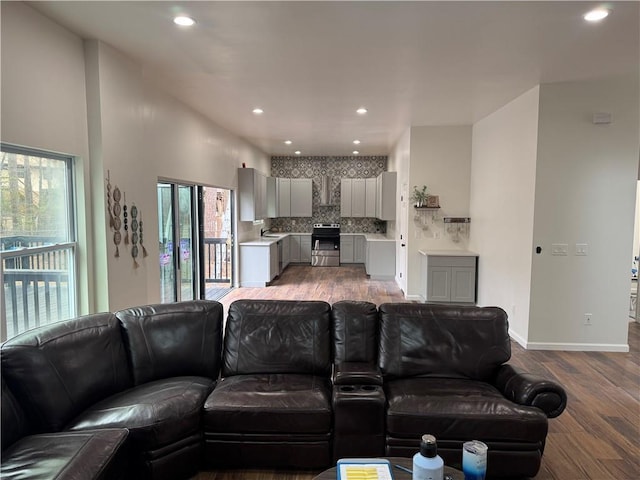 living area with recessed lighting, baseboards, and wood finished floors