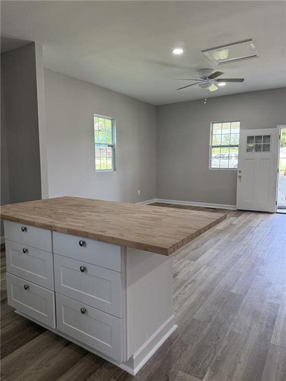 1300 Murphy Ave, Lagrange, GA 30240 - kitchen featuring wooden counters, dark wood-style floors, white cabinets, a ceiling fan, and baseboards