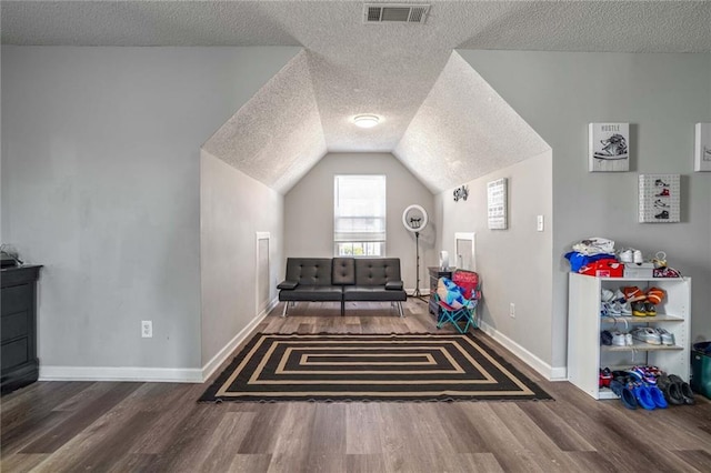 interior space with vaulted ceiling, dark hardwood / wood-style floors, and a textured ceiling