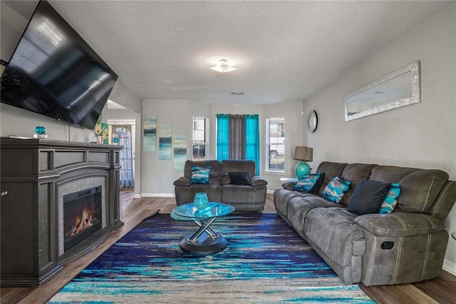 living room featuring wood-type flooring and a textured ceiling