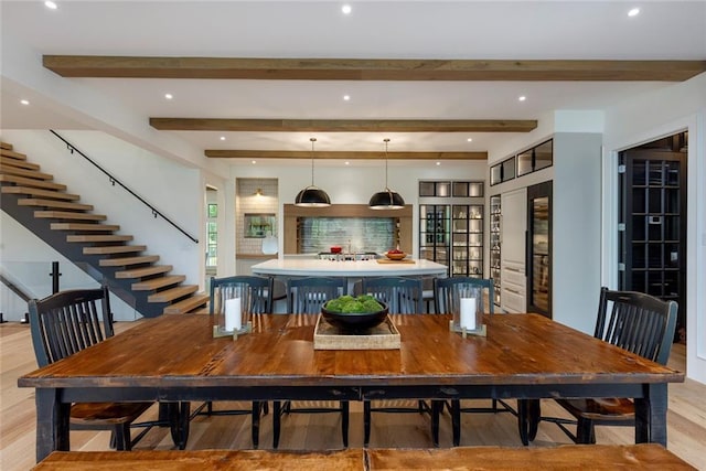 170 Autry Trl, Johns Creek, GA 30022 - dining room with light wood-type flooring, beamed ceiling, stairway, and recessed lighting