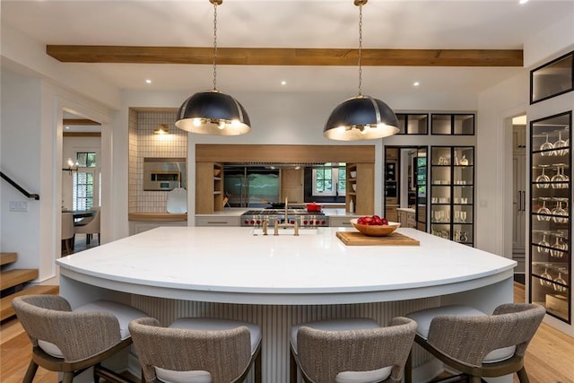 170 Autry Trl, Johns Creek, GA 30022 - kitchen featuring beamed ceiling, light wood-style flooring, refrigerator, recessed lighting, and hanging light fixtures