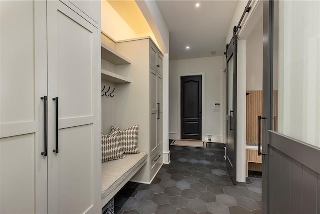 170 Autry Trl, Johns Creek, GA 30022 - mudroom with a barn door, recessed lighting, and dark tile patterned flooring
