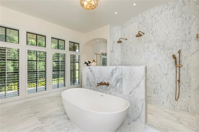 170 Autry Trl, Johns Creek, GA 30022 - bathroom with marble tiled flooring, a marble finish shower, and a freestanding tub