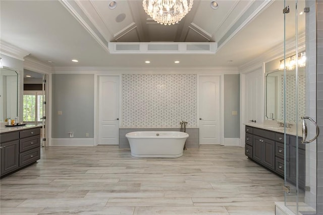 170 Autry Trl, Johns Creek, GA 30022 - full bath with vanity, ornamental molding, a soaking tub, a chandelier, and a stall shower