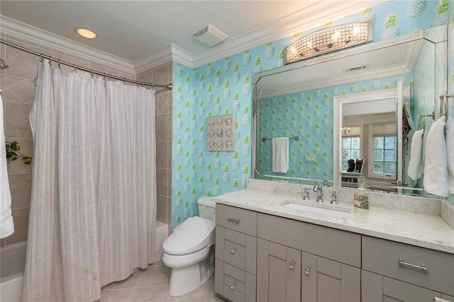 170 Autry Trl, Johns Creek, GA 30022 - full bath featuring shower / bath combination with curtain, vanity, tile patterned flooring, crown molding, and wallpapered walls