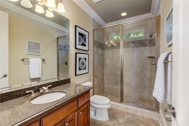 170 Autry Trl, Johns Creek, GA 30022 - bathroom featuring ornamental molding, vanity, a stall shower, and tile patterned flooring