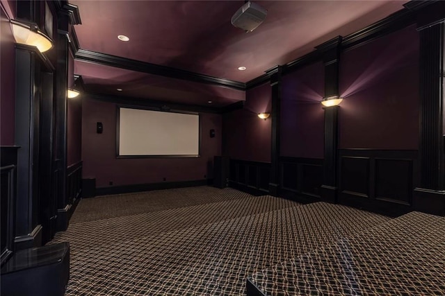 170 Autry Trl, Johns Creek, GA 30022 - home theater room featuring ornamental molding, a decorative wall, dark carpet, wainscoting, and recessed lighting