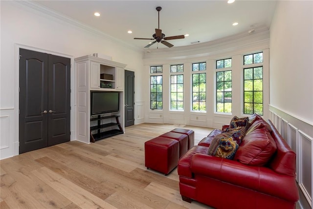 170 Autry Trl, Johns Creek, GA 30022 - living area with healthy amount of natural light, light wood-style floors, ornamental molding, a decorative wall, and a ceiling fan