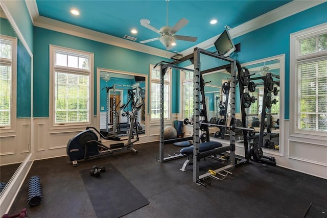 170 Autry Trl, Johns Creek, GA 30022 - gym with crown molding, ceiling fan, a wainscoted wall, recessed lighting, and a decorative wall