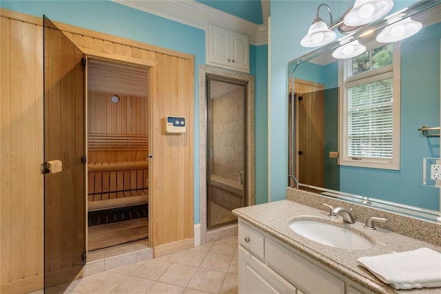 170 Autry Trl, Johns Creek, GA 30022 - bathroom with vanity, tile patterned floors, a shower stall, and ornamental molding