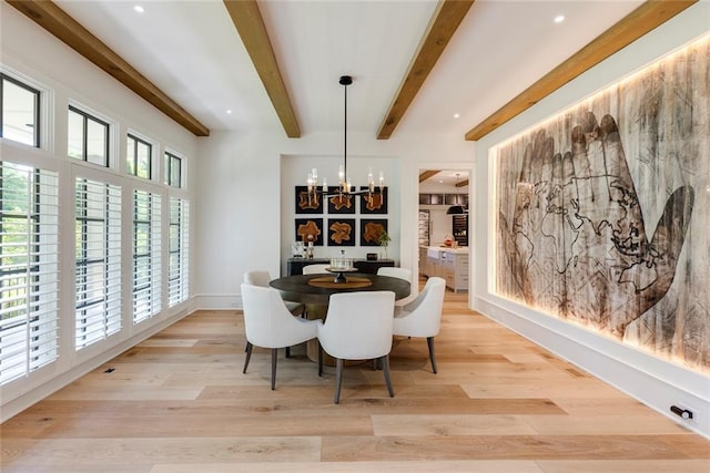 170 Autry Trl, Johns Creek, GA 30022 - dining space with beamed ceiling, light wood-style flooring, a chandelier, and recessed lighting