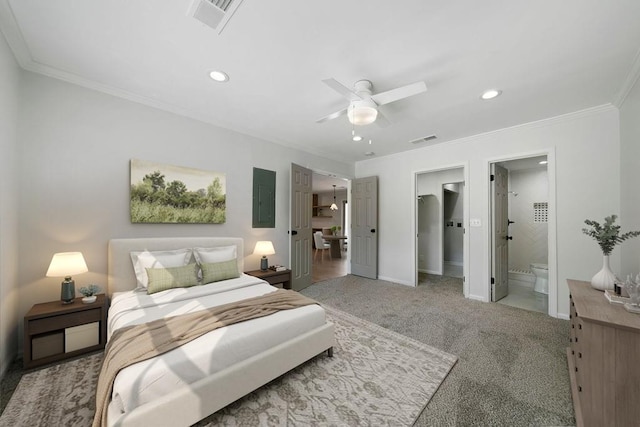 carpeted bedroom featuring baseboards, electric panel, visible vents, and crown molding