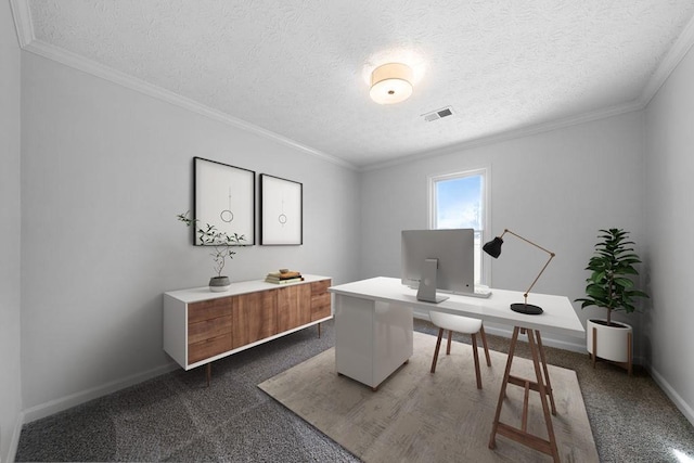 office featuring baseboards, dark carpet, and crown molding