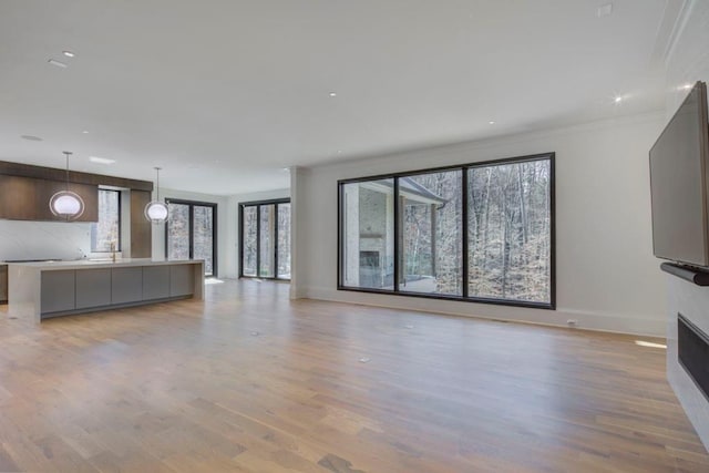 unfurnished living room featuring crown molding, light wood finished floors, a fireplace, and baseboards