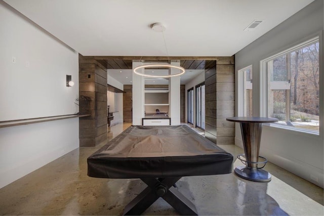 recreation room with concrete flooring, pool table, and visible vents