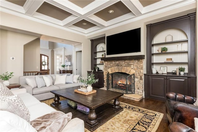 living room with coffered ceiling, dark wood finished floors, and beamed ceiling