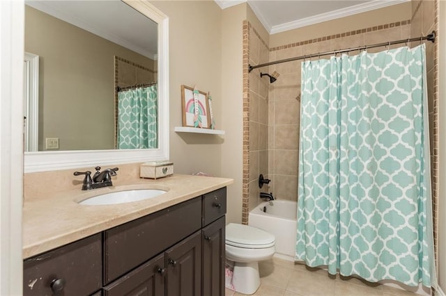 full bathroom featuring tile patterned flooring, toilet, vanity, ornamental molding, and shower / tub combo with curtain