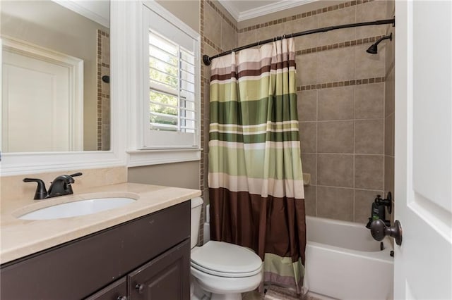 bathroom with toilet, shower / bathtub combination with curtain, vanity, and crown molding