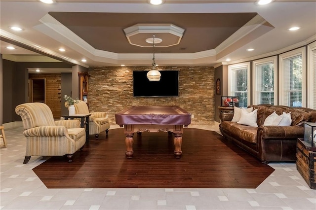 recreation room featuring recessed lighting, a raised ceiling, pool table, and crown molding