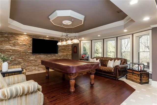 game room featuring pool table, ornamental molding, a raised ceiling, and recessed lighting